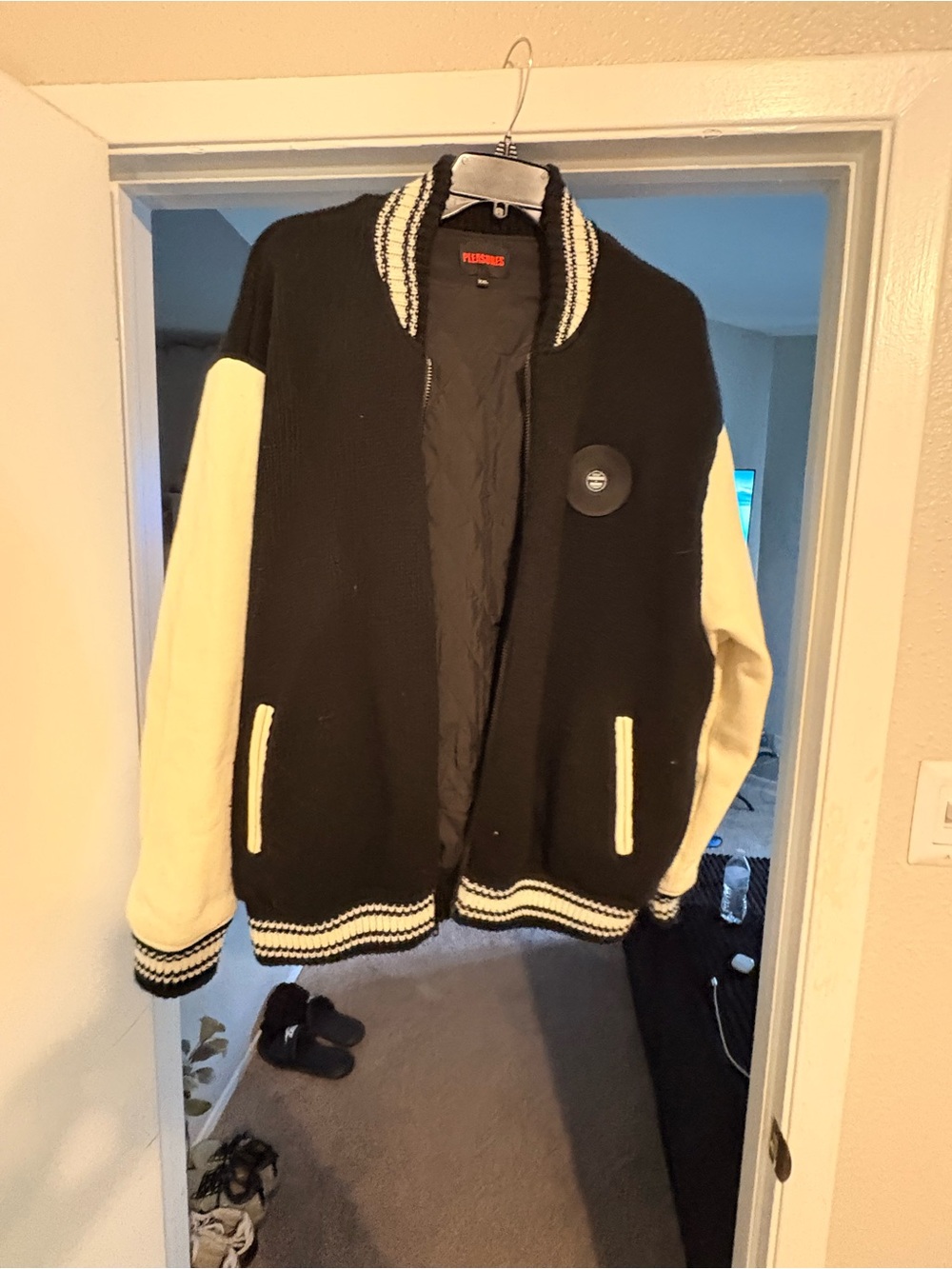 Black and Cream Varsity Bomber Jacket by Pleasures